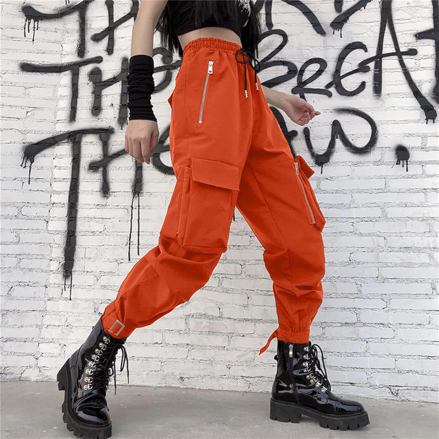 MEINVQIAOTI Black Cargo Pants Women Loose Chained Pants Multi-Pocket Multi-Zip Punk Goth Pants