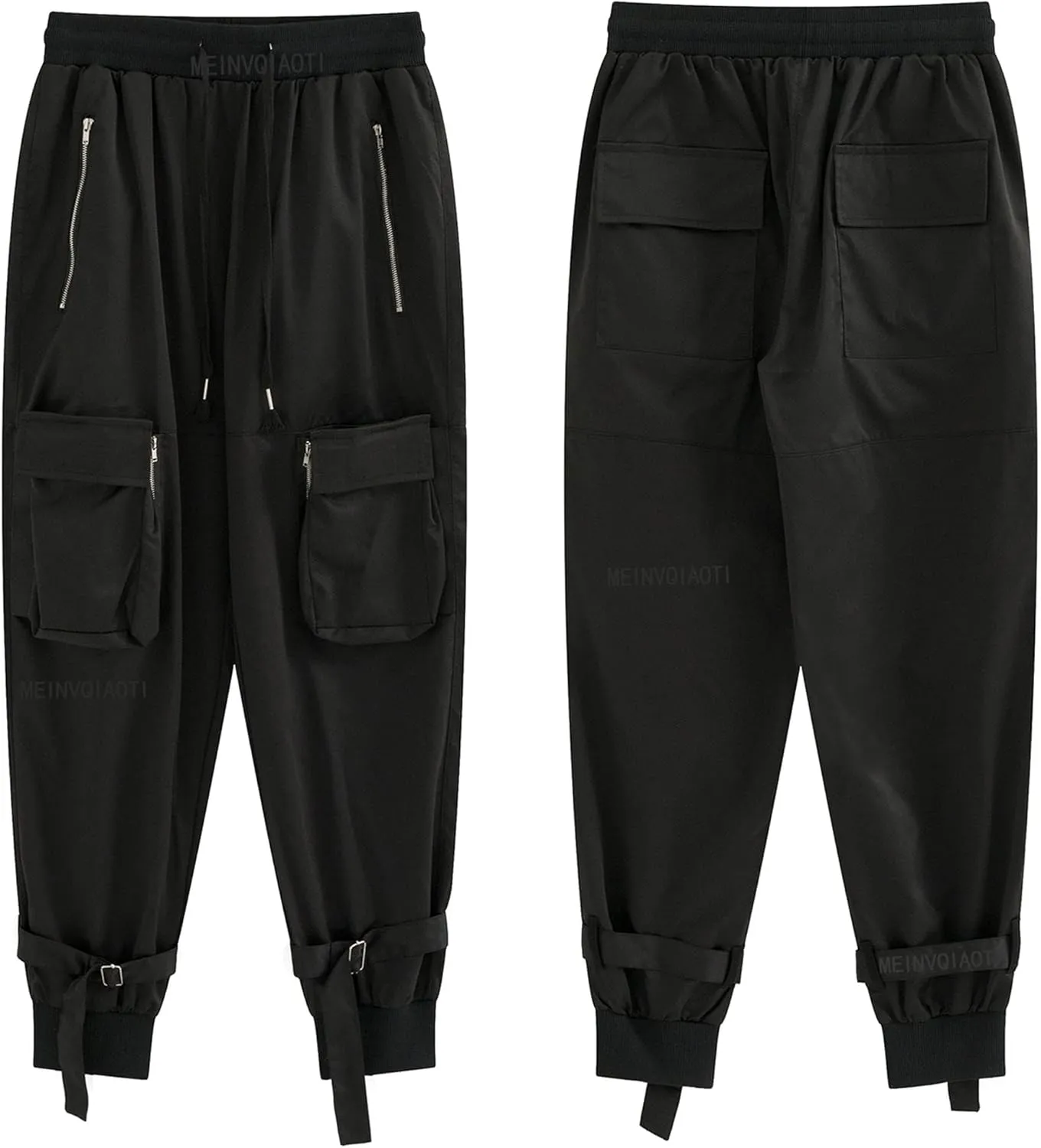 MEINVQIAOTI Black Cargo Pants Women Loose Chained Pants Multi-Pocket Multi-Zip Punk Goth Pants