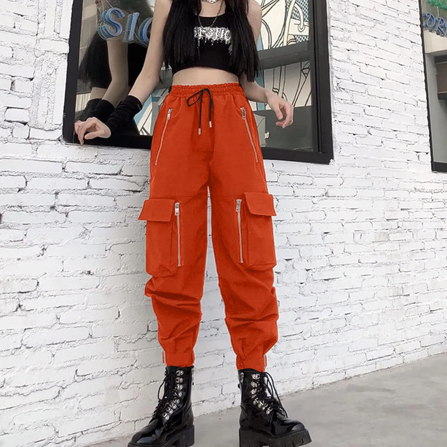 MEINVQIAOTI Black Cargo Pants Women Loose Chained Pants Multi-Pocket Multi-Zip Punk Goth Pants