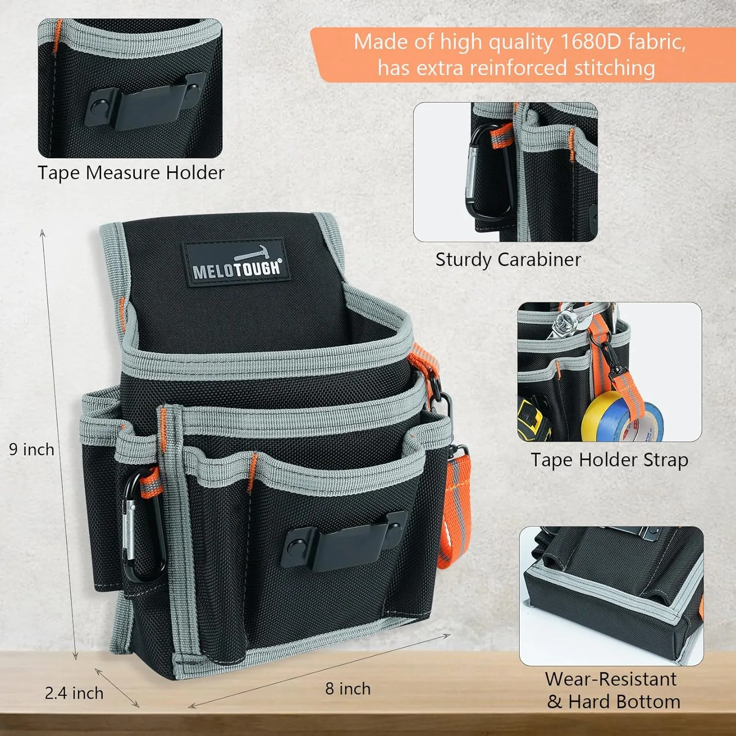 MELOTOUGH Electrician's Small Tool Pouch for Tool Belt Tool Pouch Tool Holster with Multiple Pockets, Construction Pouch Tool Organizer for Tools