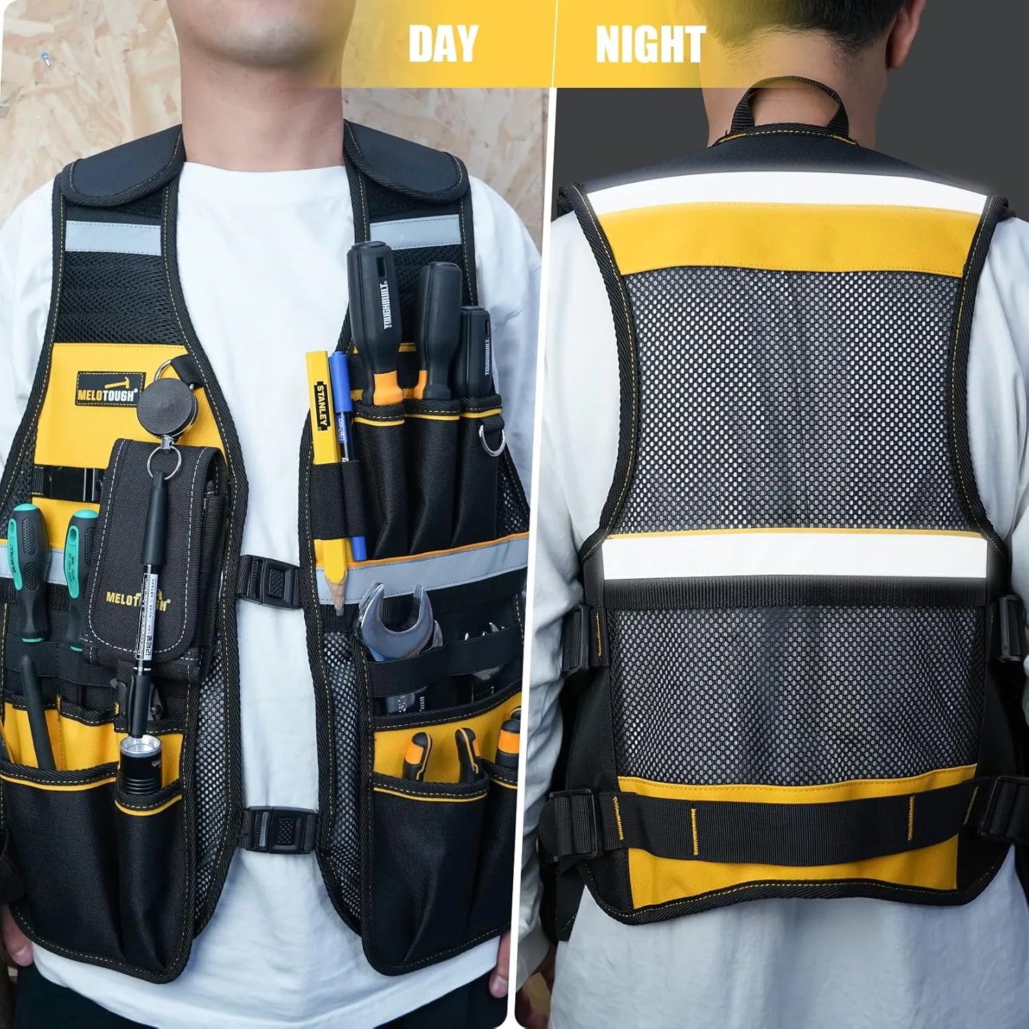 MELOTOUGH Tool Vest Reflective Safety Tool Vest with Removable Phone Holder,Retractable Pen Holder for Handyman,Electrician,Carpenters(Yellow)