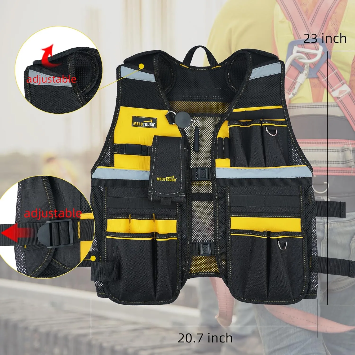 MELOTOUGH Tool Vest Reflective Safety Tool Vest with Removable Phone Holder,Retractable Pen Holder for Handyman,Electrician,Carpenters(Yellow)