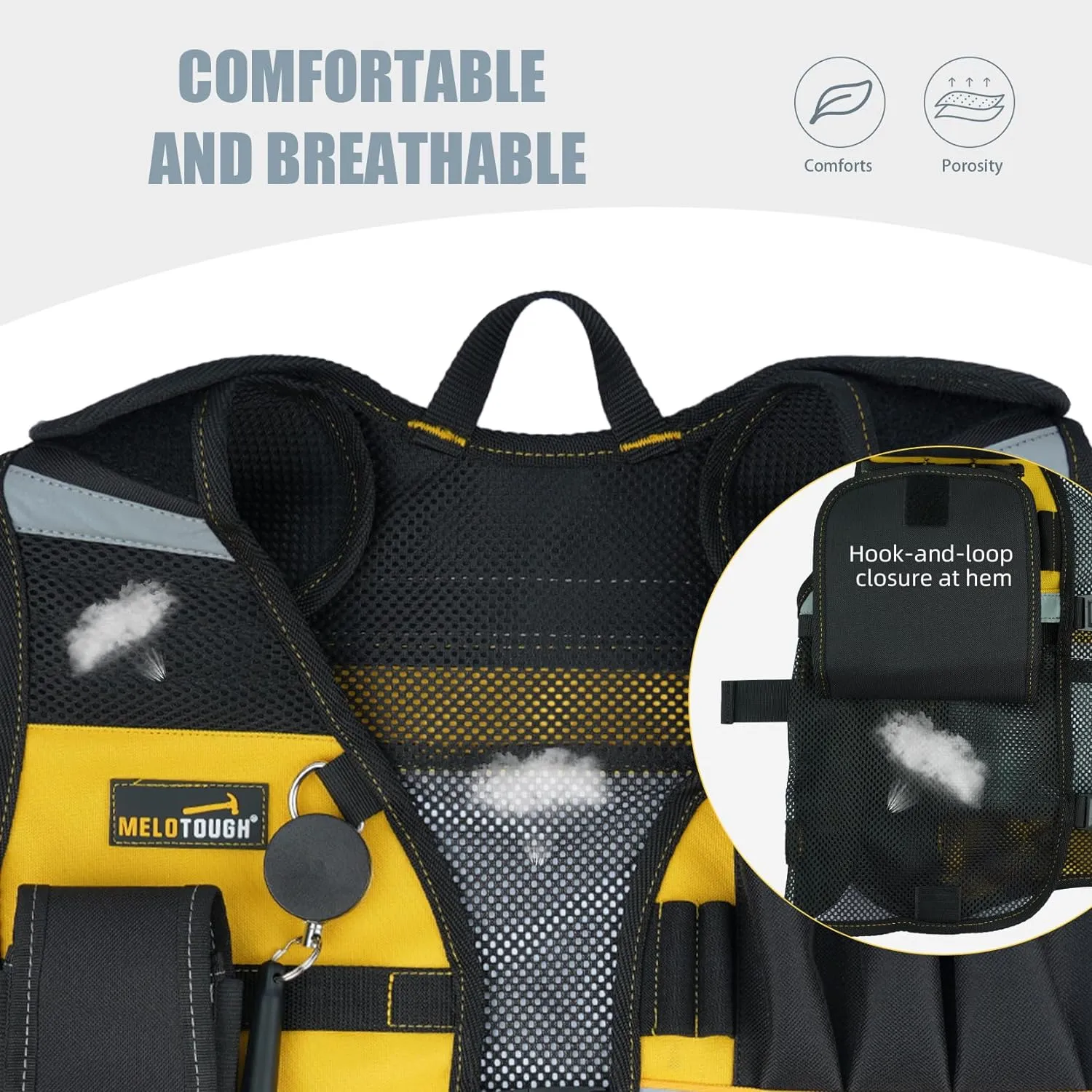 MELOTOUGH Tool Vest Reflective Safety Tool Vest with Removable Phone Holder,Retractable Pen Holder for Handyman,Electrician,Carpenters(Yellow)