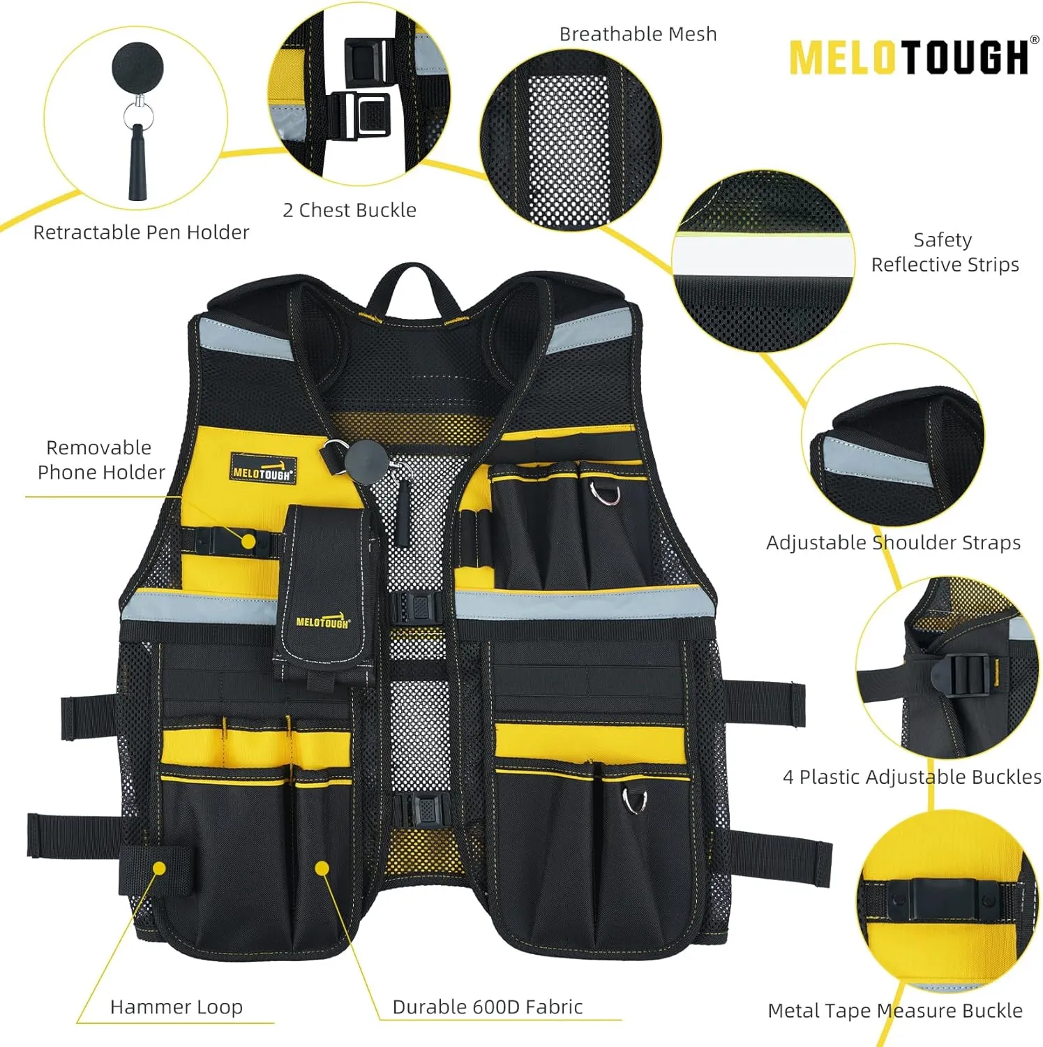 MELOTOUGH Tool Vest Reflective Safety Tool Vest with Removable Phone Holder,Retractable Pen Holder for Handyman,Electrician,Carpenters(Yellow)