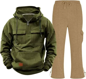 Mens 2 Piece Sweatsuits Sets Tactical Training Zipper Multi Pocket Hoodies Drawstring Long Pants Spring Fall Clothes