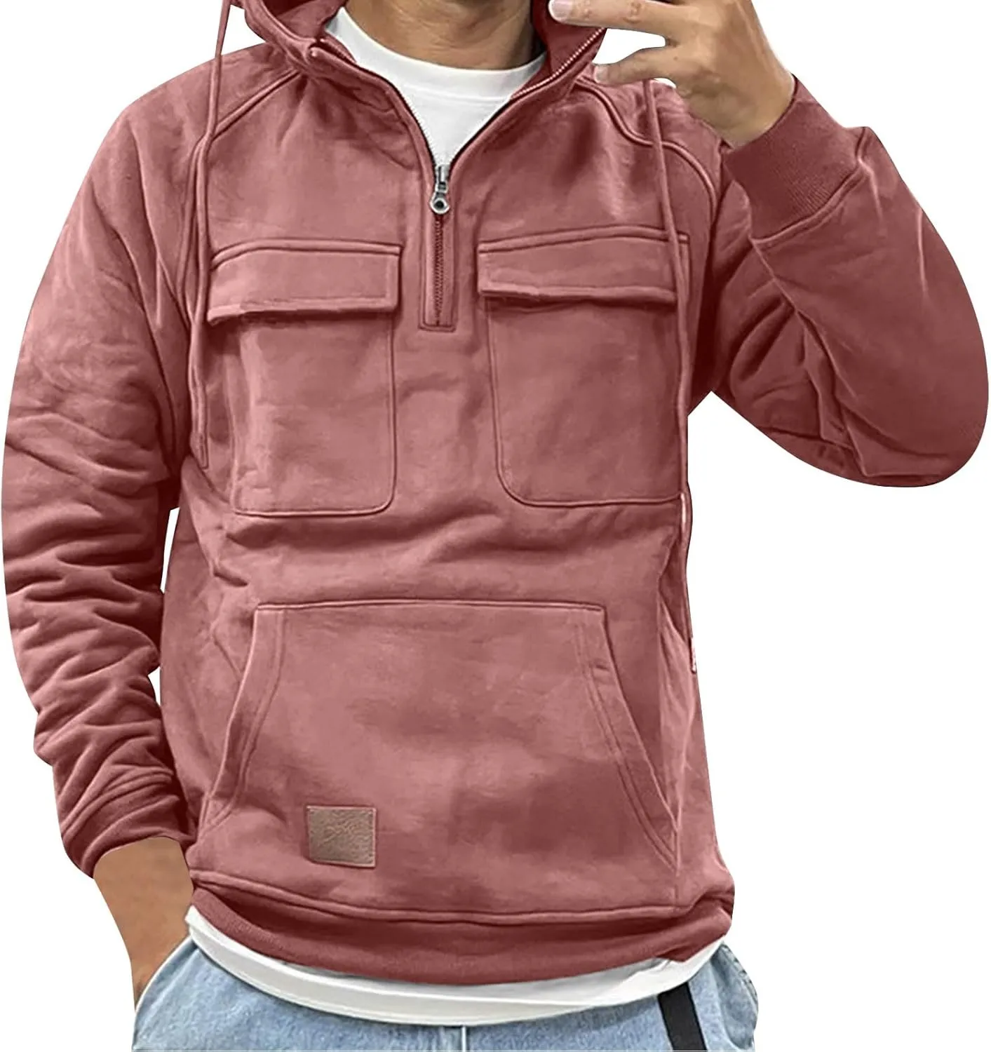 Men's Cargo Hoodies Long Sleeve Quarter Zip Tactical Sweatshirt with Multi Pockets Active Athletic Pullover Tops