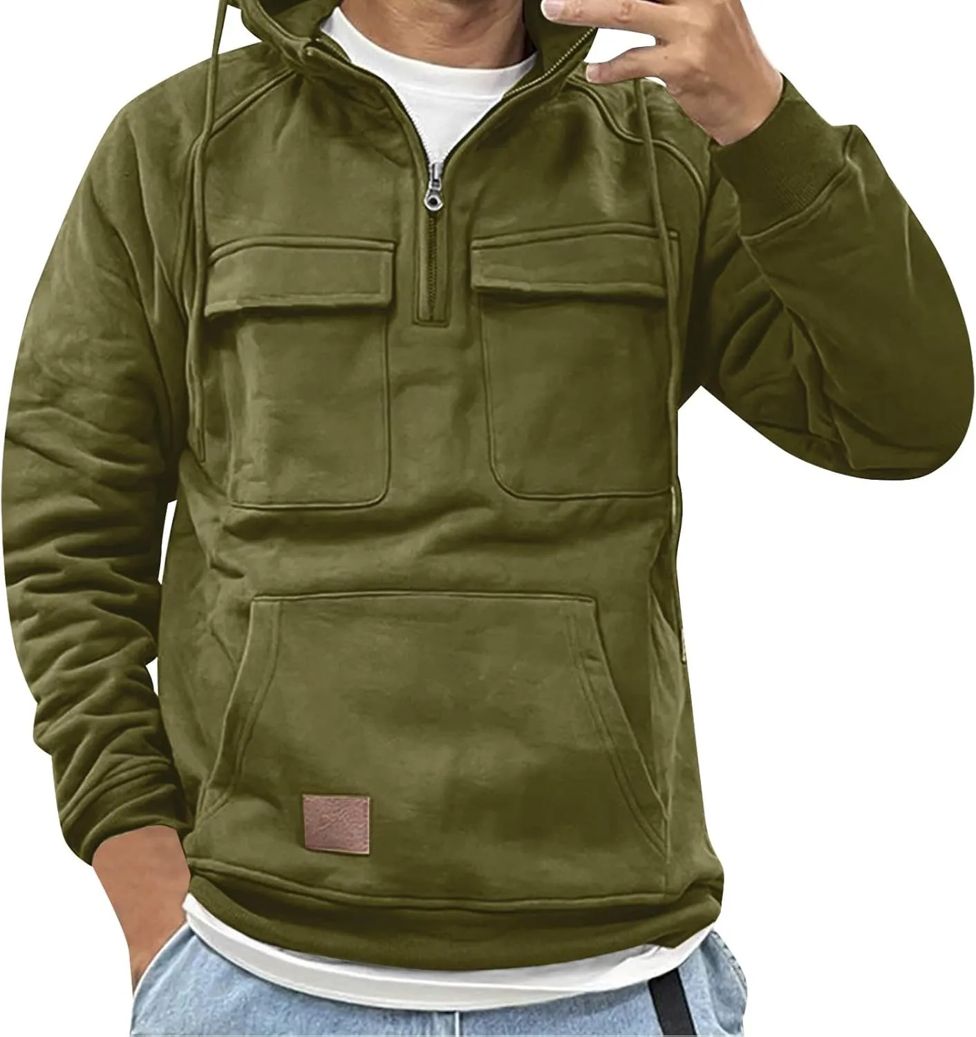 Men's Cargo Hoodies Long Sleeve Quarter Zip Tactical Sweatshirt with Multi Pockets Active Athletic Pullover Tops