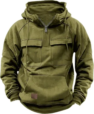 Men's Cargo Hoodies Long Sleeve Quarter Zip Tactical Sweatshirt with Multi Pockets Active Athletic Pullover Tops