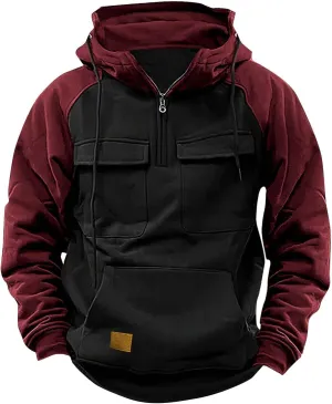 Men's Cargo Hoodies Long Sleeve Quarter Zip Tactical Sweatshirt with Multi Pockets Active Athletic Pullover Tops