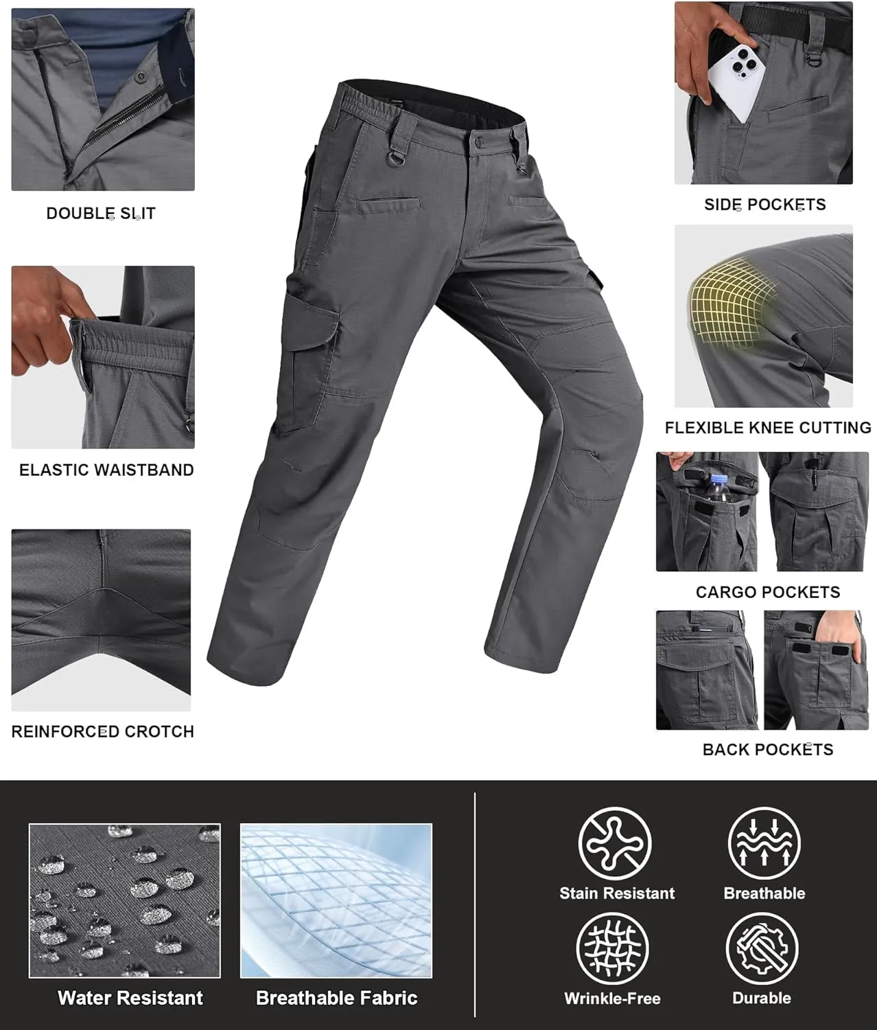 Men's Cargo Pants Ripstop Water Resistant Hiking Work Pants Outdoor Multi Pockets Army Tactical Pants (Not Belt)
