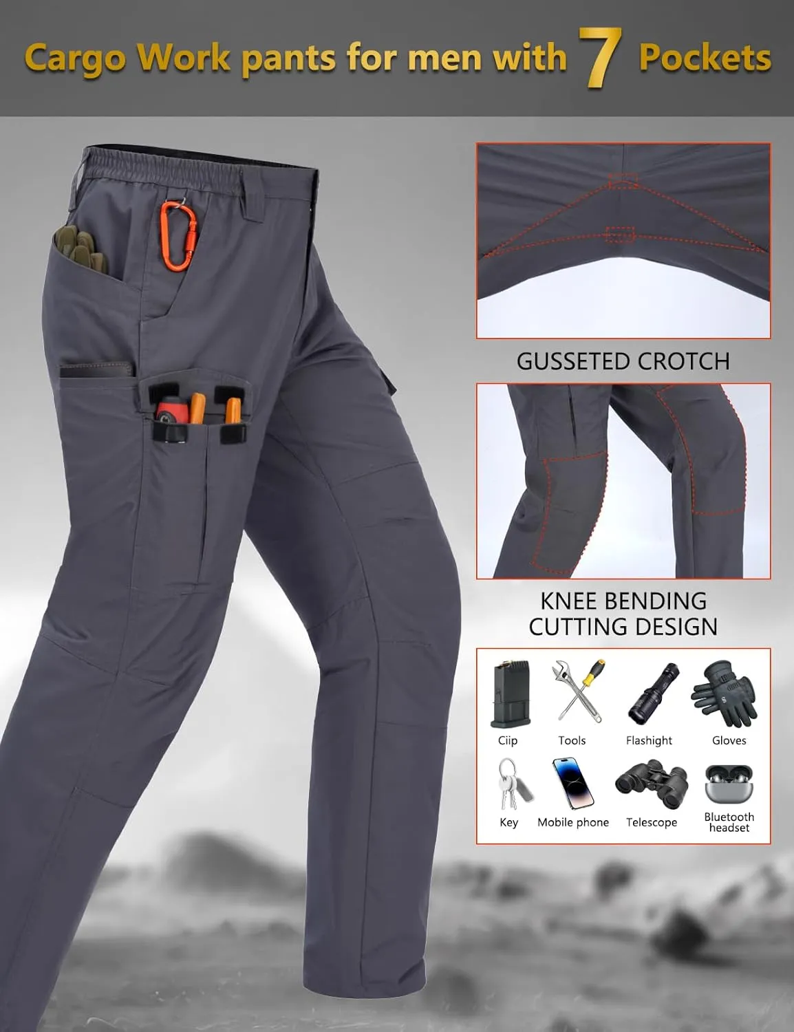 Mens Cargo Pants Waterproof Hiking Pants for Men Ripstop Tactical Pants Multi Work Pants with 7 Pockets