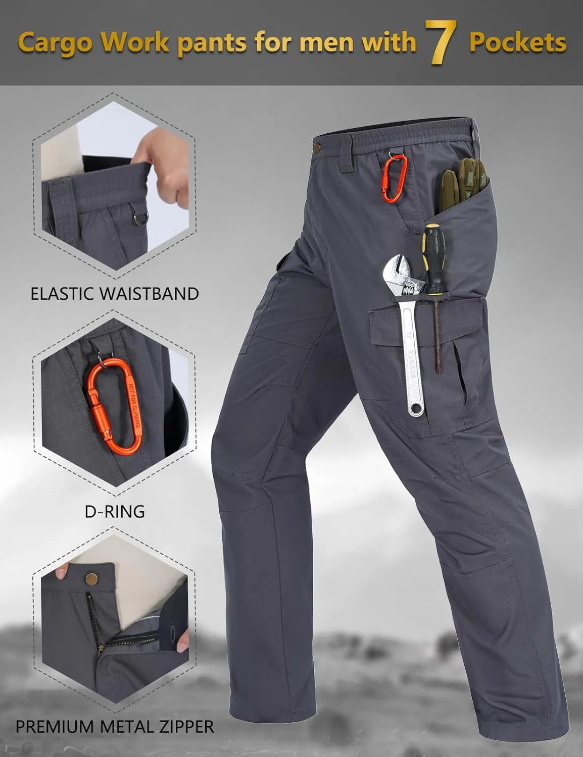 Mens Cargo Pants Waterproof Hiking Pants for Men Ripstop Tactical Pants Multi Work Pants with 7 Pockets