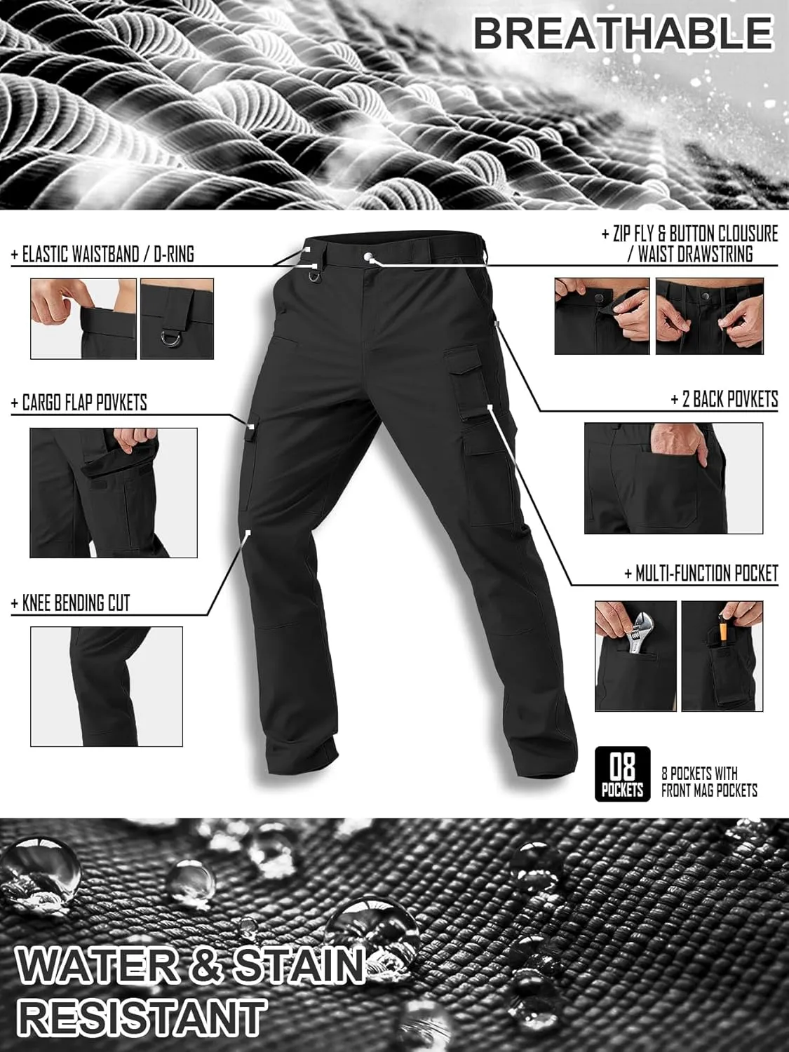 Men's Cargo Work Pants Water Resistant Tactical Pants 29"/31"/33" Lightweight Hiking Ripstop Pants Outdoor Apparel