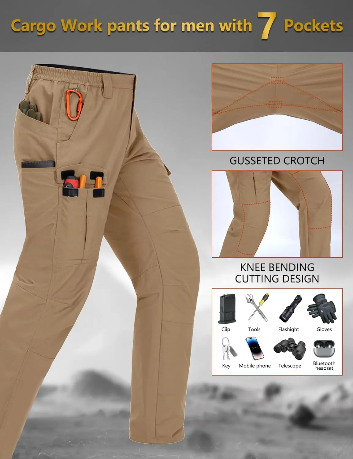 Mens Cargo Work Pants Waterproof Hiking Pants for Men Ripstop Tactical Pants Multi Work Pants with 7 Pockets