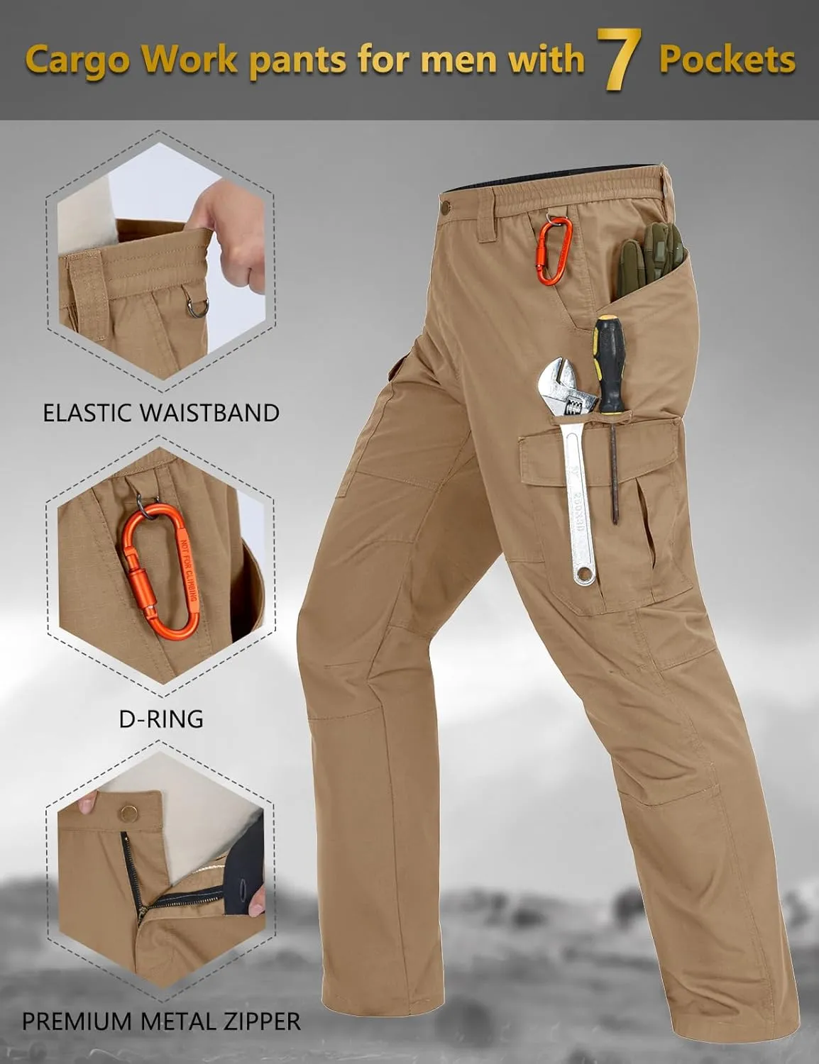 Mens Cargo Work Pants Waterproof Hiking Pants for Men Ripstop Tactical Pants Multi Work Pants with 7 Pockets