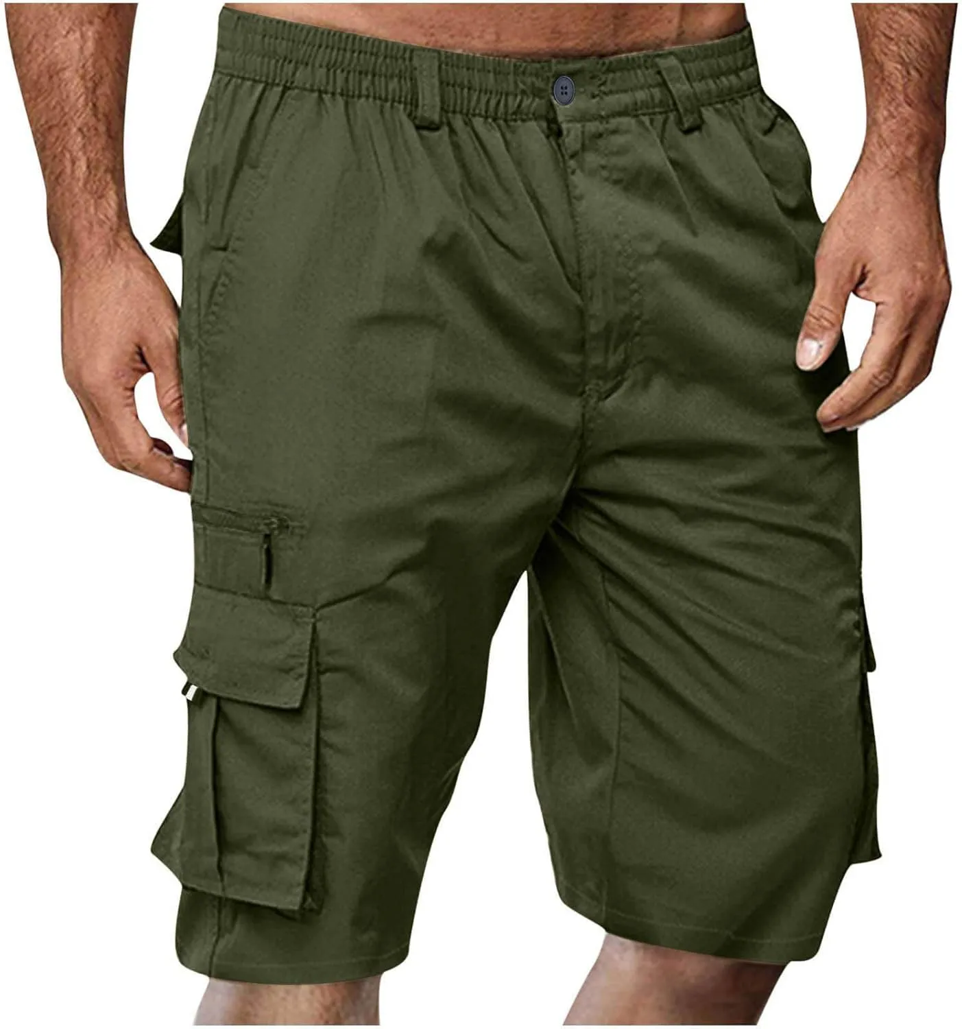 Men's Fashion Button Zipper Cropped Pants Casual Shorts High Elastic Waist Multi-Pocket Straight Leg Comfy Leggings