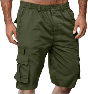 Men's Fashion Button Zipper Cropped Pants Casual Shorts High Elastic Waist Multi-Pocket Straight Leg Comfy Leggings