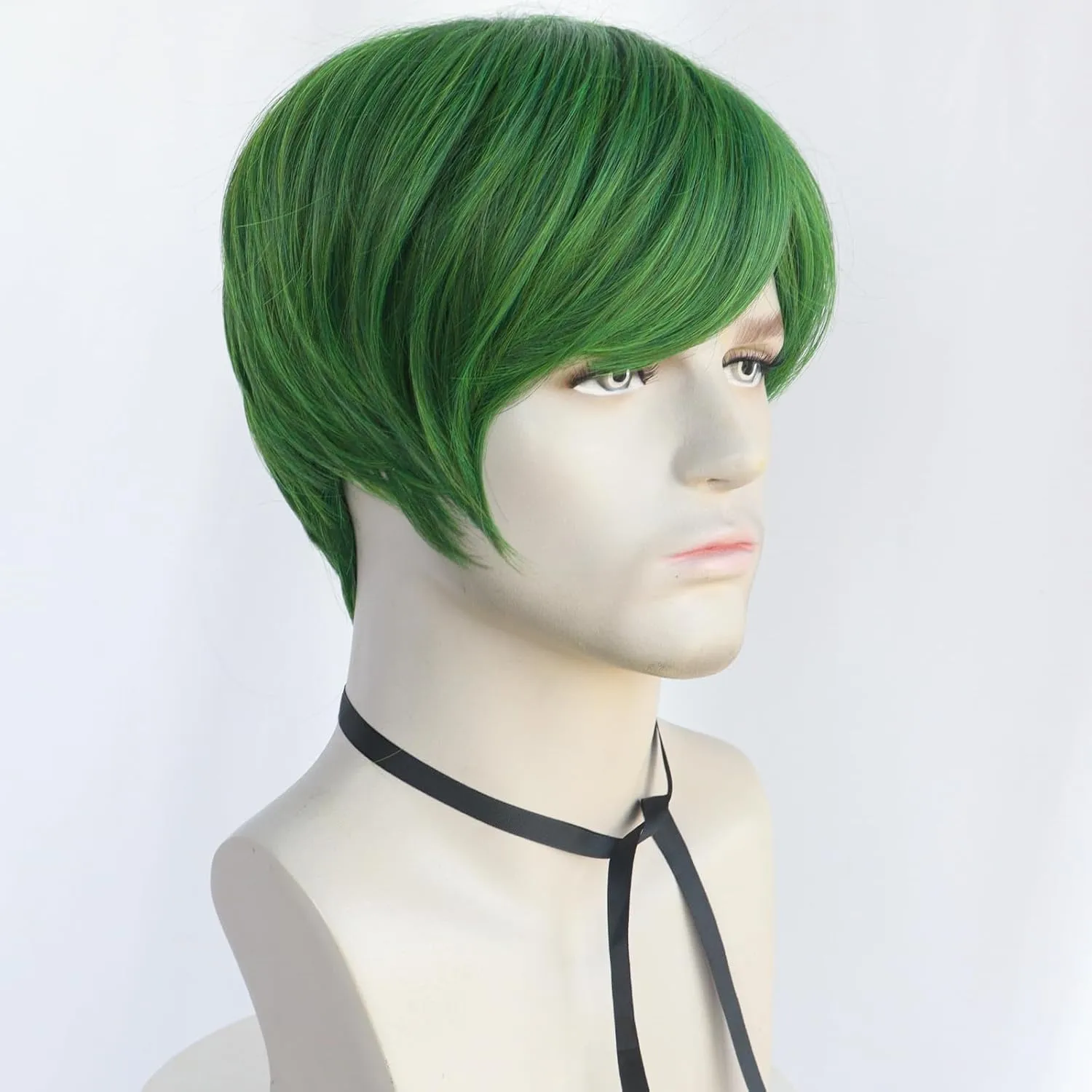 Mens Green Wig Short Straight Green Boys Anime Wig Heat Resistant Synthetic Hair for Halloween Cosplay