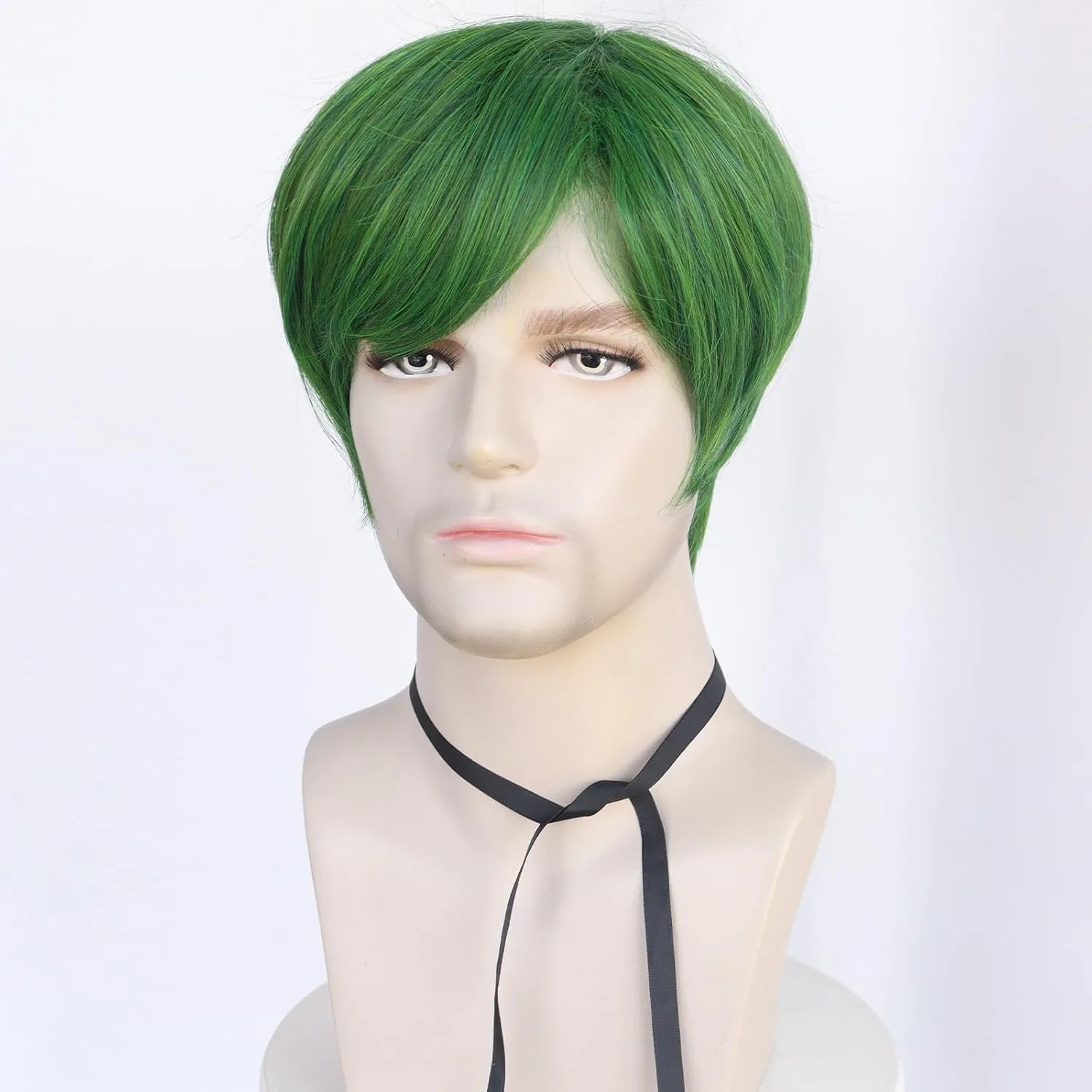 Mens Green Wig Short Straight Green Boys Anime Wig Heat Resistant Synthetic Hair for Halloween Cosplay