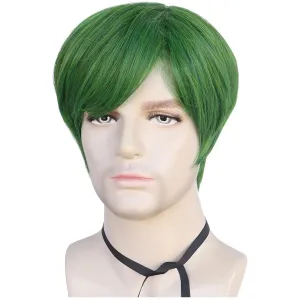 Mens Green Wig Short Straight Green Boys Anime Wig Heat Resistant Synthetic Hair for Halloween Cosplay