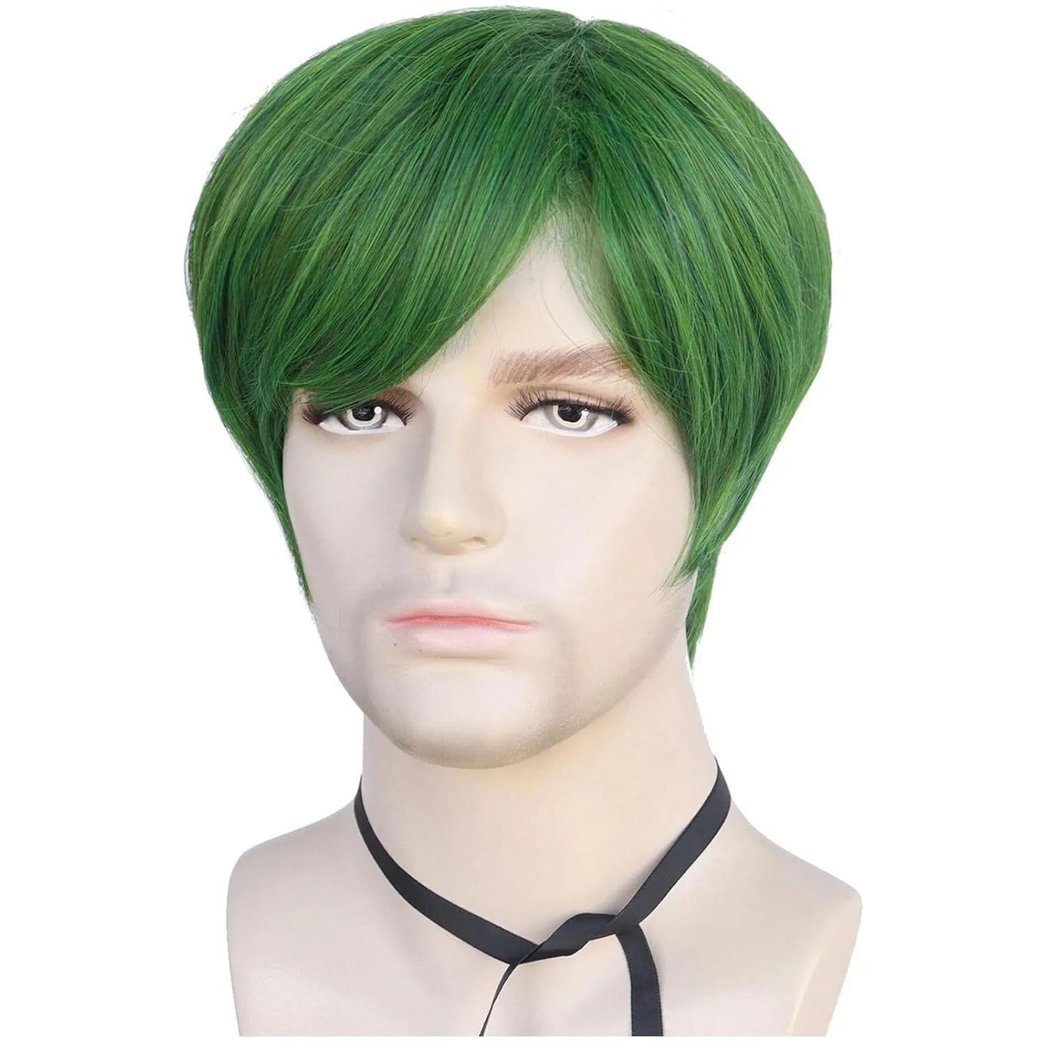 Mens Green Wig Short Straight Green Boys Anime Wig Heat Resistant Synthetic Hair for Halloween Cosplay