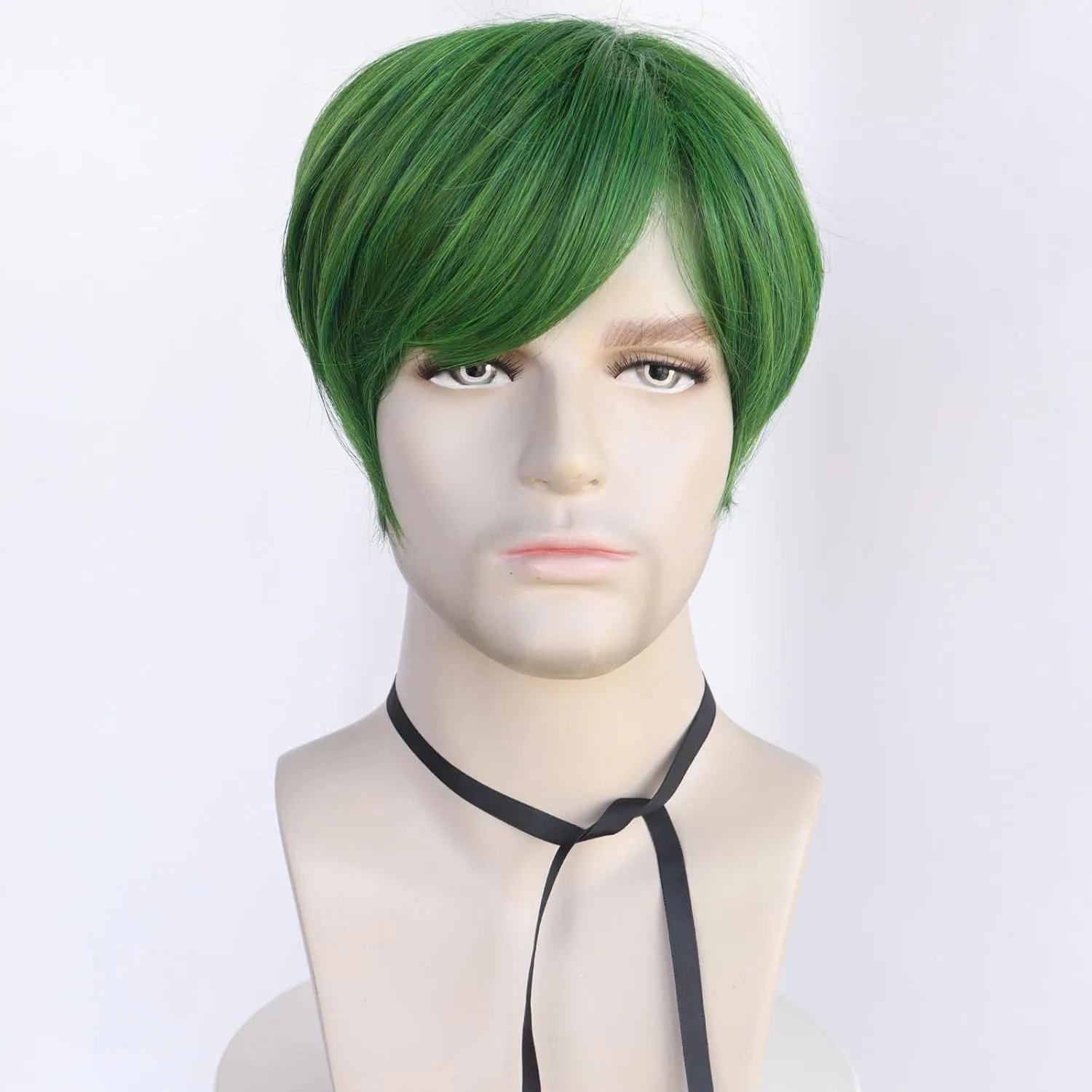 Mens Green Wig Short Straight Green Boys Anime Wig Heat Resistant Synthetic Hair for Halloween Cosplay