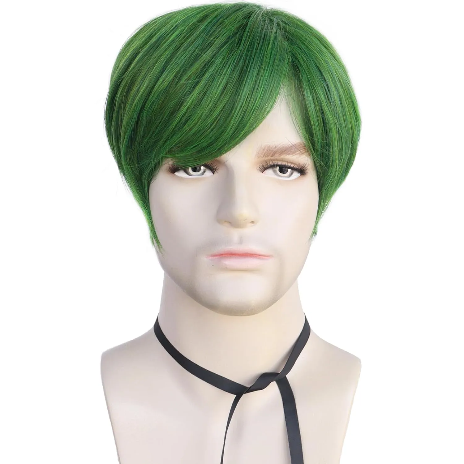 Mens Green Wig Short Straight Green Boys Anime Wig Heat Resistant Synthetic Hair for Halloween Cosplay