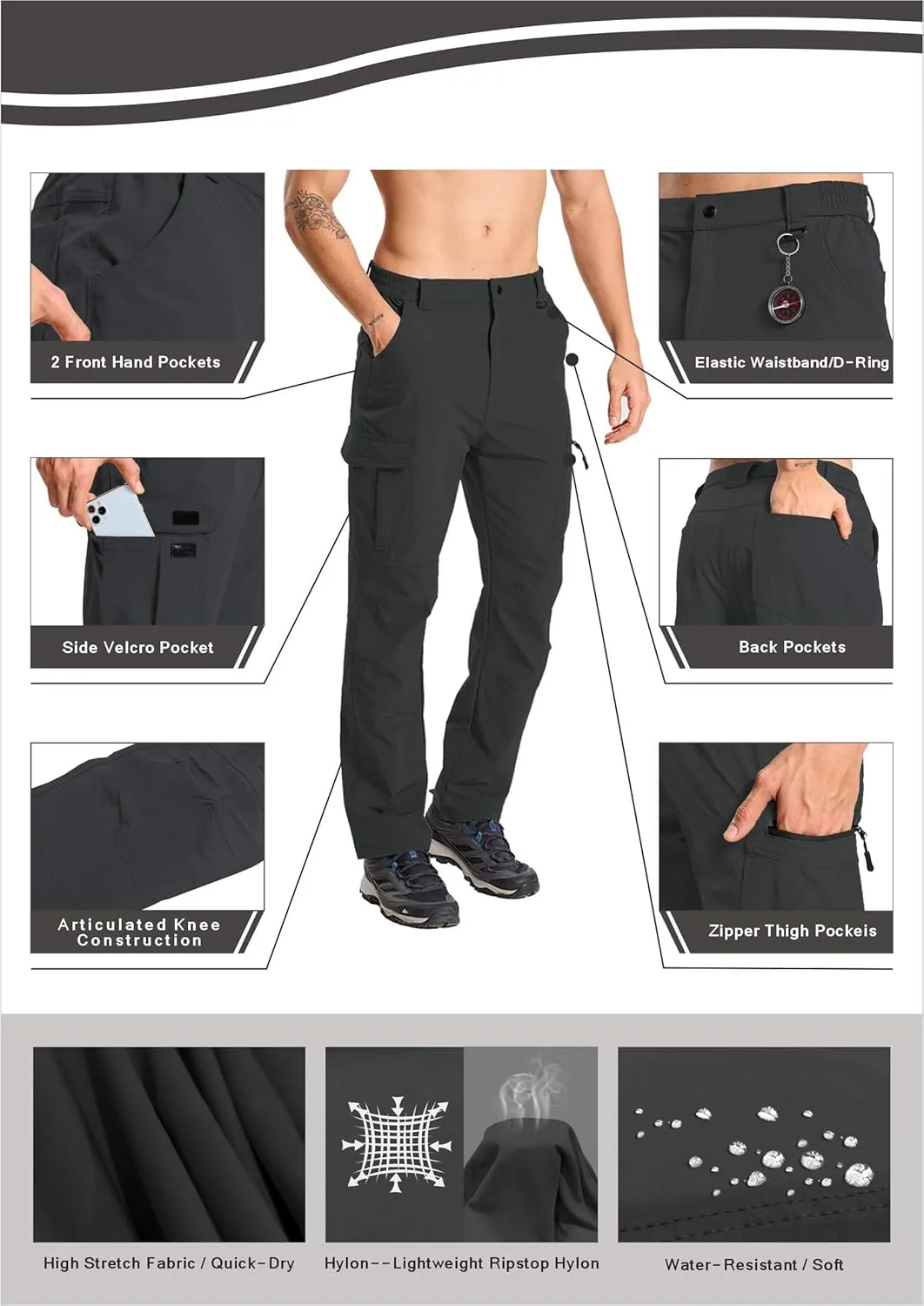 Men's Hiking Cargo Work Pants Waterproof Lightweight Quick Dry Outdoor Fishing Mountaineering Travel Tactical Pants