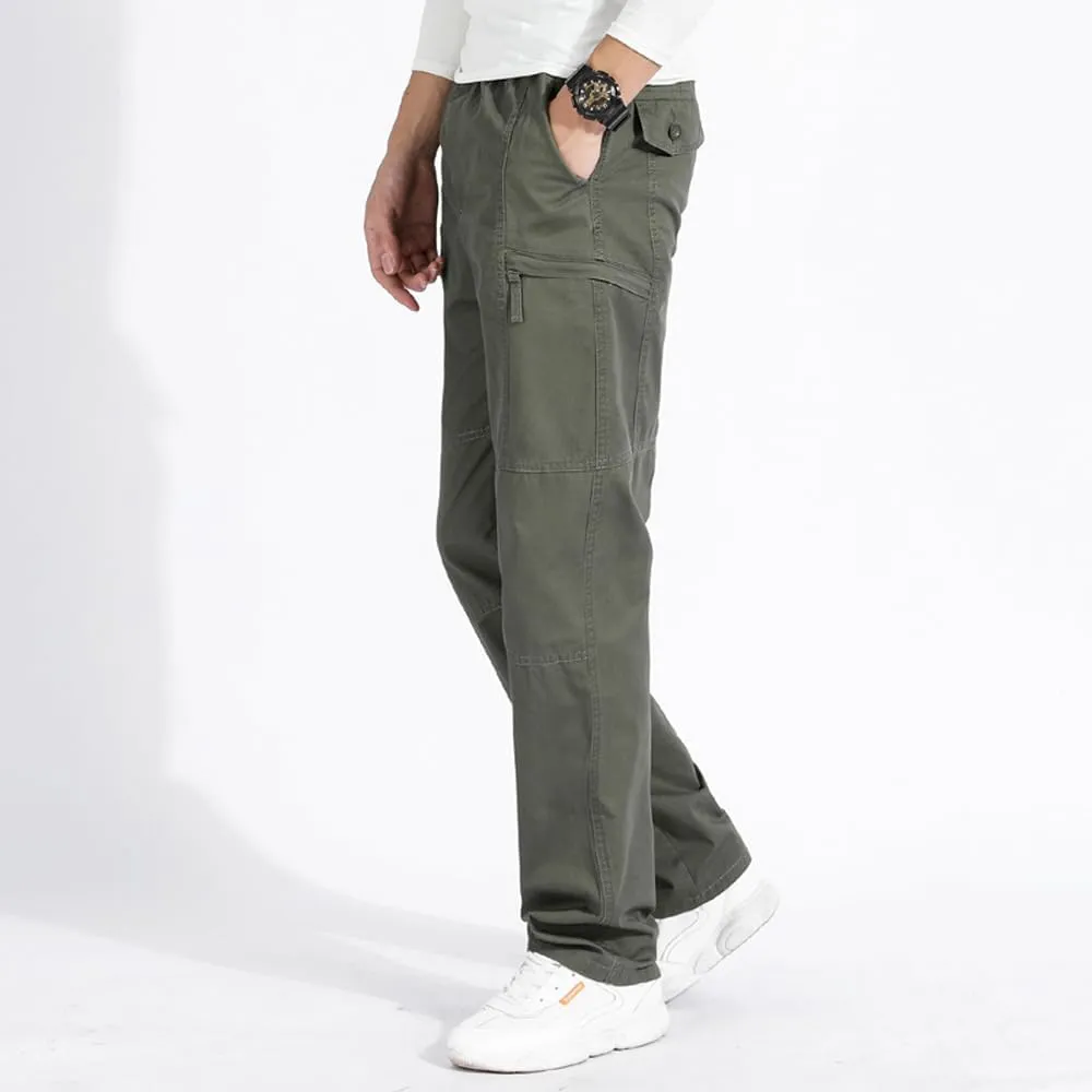 Men's Loose Fit Cargo Pants Drawstring Cotton Tactical Pants with Zipper Pockets