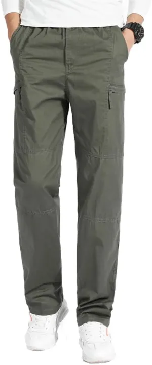Men's Loose Fit Cargo Pants Drawstring Cotton Tactical Pants with Zipper Pockets