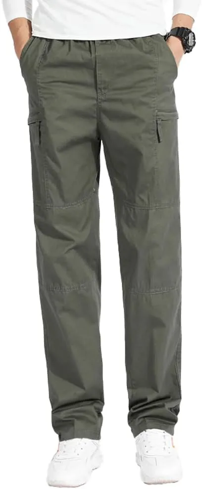 Men's Loose Fit Cargo Pants Drawstring Cotton Tactical Pants with Zipper Pockets