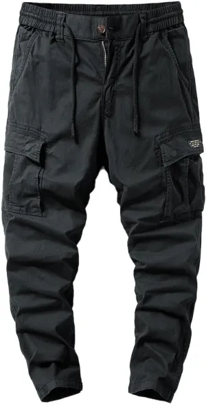 Men's Regular Fit Tactical Cargo Pants Drawstring Cotton Multi Pockets Work Trousers