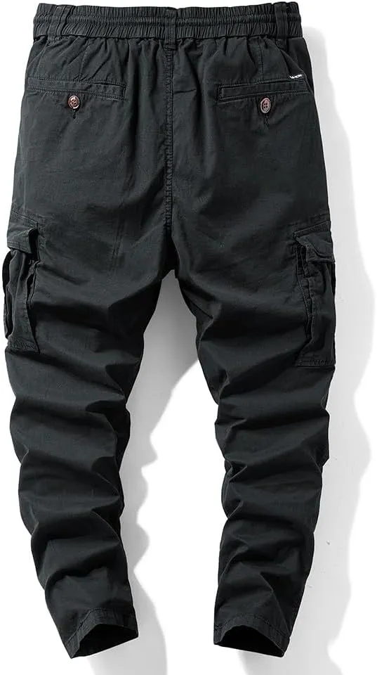 Men's Regular Fit Tactical Cargo Pants Drawstring Cotton Multi Pockets Work Trousers