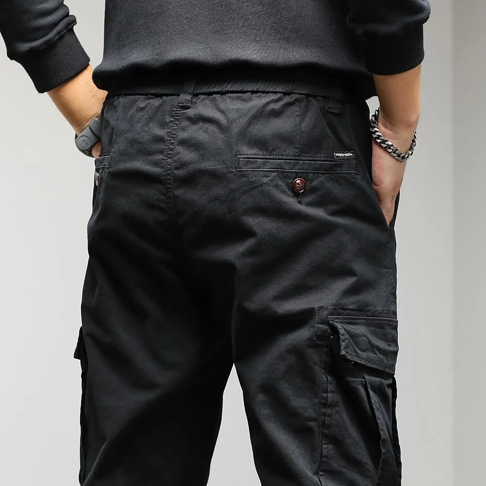 Men's Regular Fit Tactical Cargo Pants Drawstring Cotton Multi Pockets Work Trousers