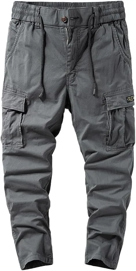 Men's Regular Fit Tactical Cargo Pants Drawstring Cotton Multi Pockets Work Trousers