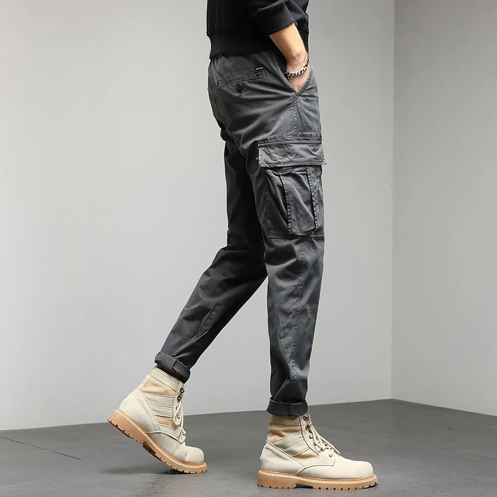 Men's Regular Fit Tactical Cargo Pants Drawstring Cotton Multi Pockets Work Trousers