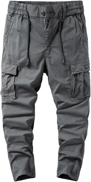 Men's Regular Fit Tactical Cargo Pants Drawstring Cotton Multi Pockets Work Trousers