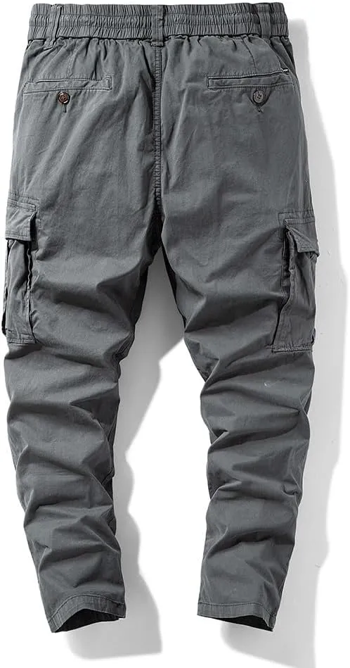 Men's Regular Fit Tactical Cargo Pants Drawstring Cotton Multi Pockets Work Trousers