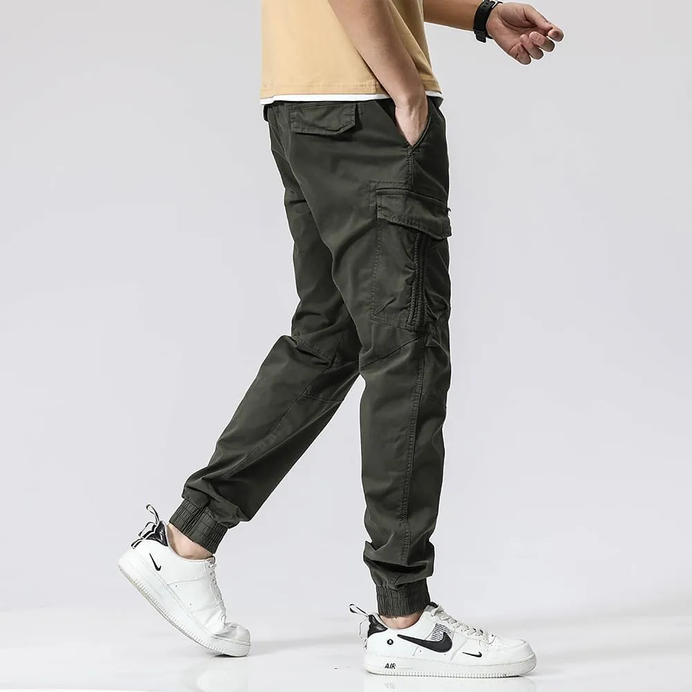 Men's Regular Fit Tactical Cargo Pants Multi Pockets Drawstring Cotton Military Trousers