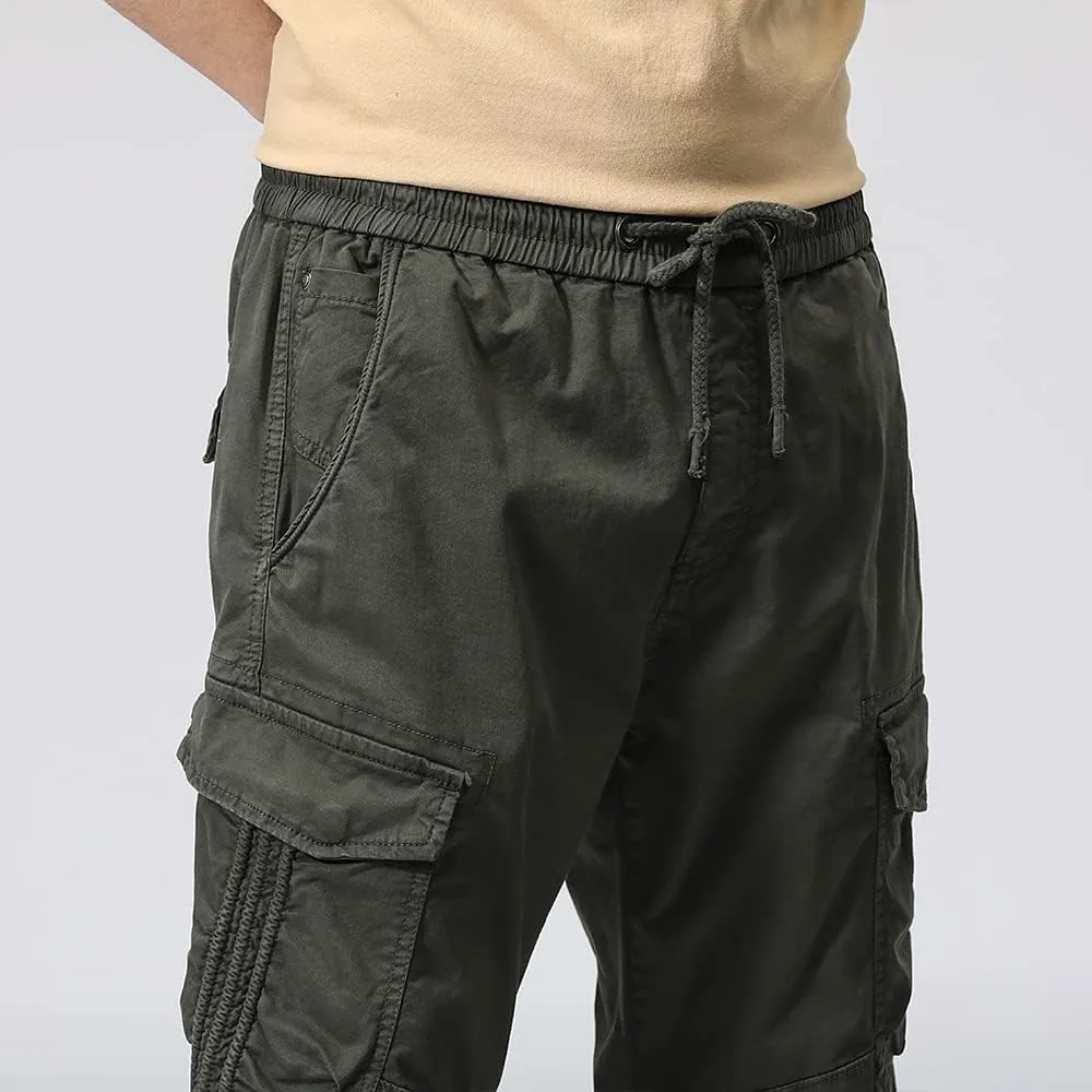 Men's Regular Fit Tactical Cargo Pants Multi Pockets Drawstring Cotton Military Trousers