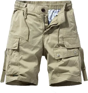 Men's Regular Fit Tactical Cargo Shorts Summer Drawstring Cotton Multi Pockets Work Shorts