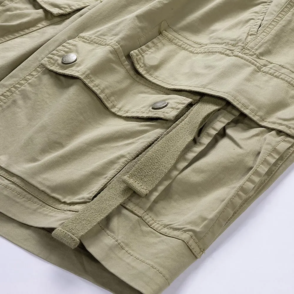 Men's Regular Fit Tactical Cargo Shorts Summer Drawstring Cotton Multi Pockets Work Shorts