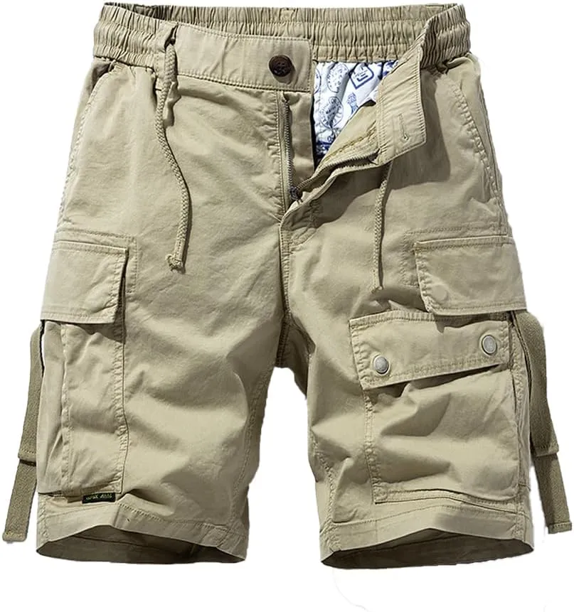 Men's Regular Fit Tactical Cargo Shorts Summer Drawstring Cotton Multi Pockets Work Shorts