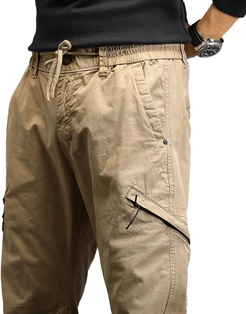 Men's Relaxed Fit Cargo Pants Outdoor Hiking Work Pants with Multi Pockets Drawstring Tactical Trousers