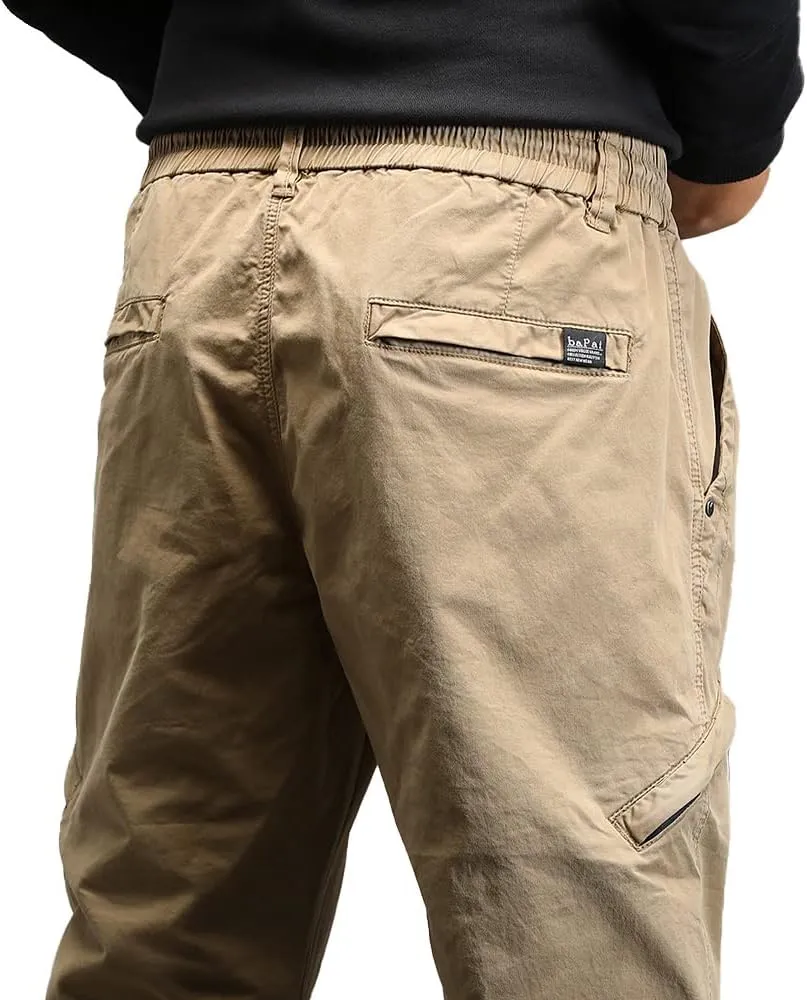 Men's Relaxed Fit Cargo Pants Outdoor Hiking Work Pants with Multi Pockets Drawstring Tactical Trousers