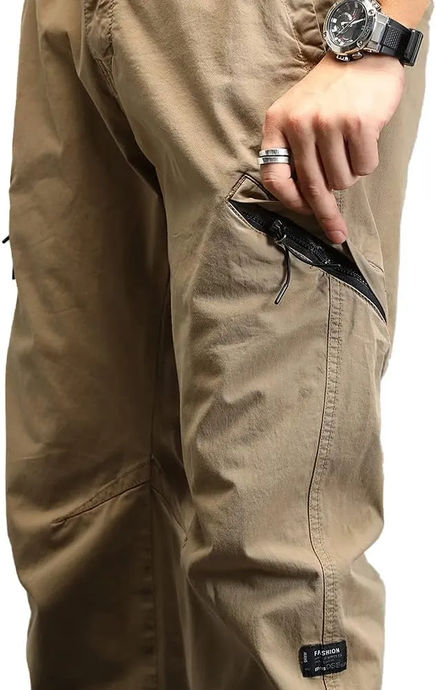 Men's Relaxed Fit Cargo Pants Outdoor Hiking Work Pants with Multi Pockets Drawstring Tactical Trousers