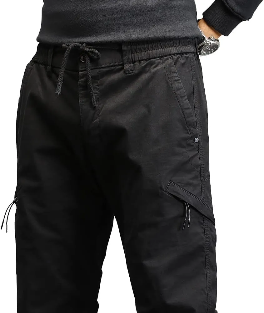 Men's Relaxed Fit Cargo Pants Outdoor Hiking Work Pants with Multi Pockets Drawstring Tactical Trousers