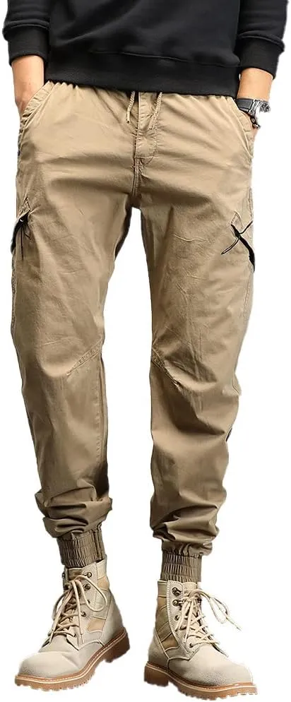 Men's Relaxed Fit Cargo Pants Outdoor Hiking Work Pants with Multi Pockets Drawstring Tactical Trousers