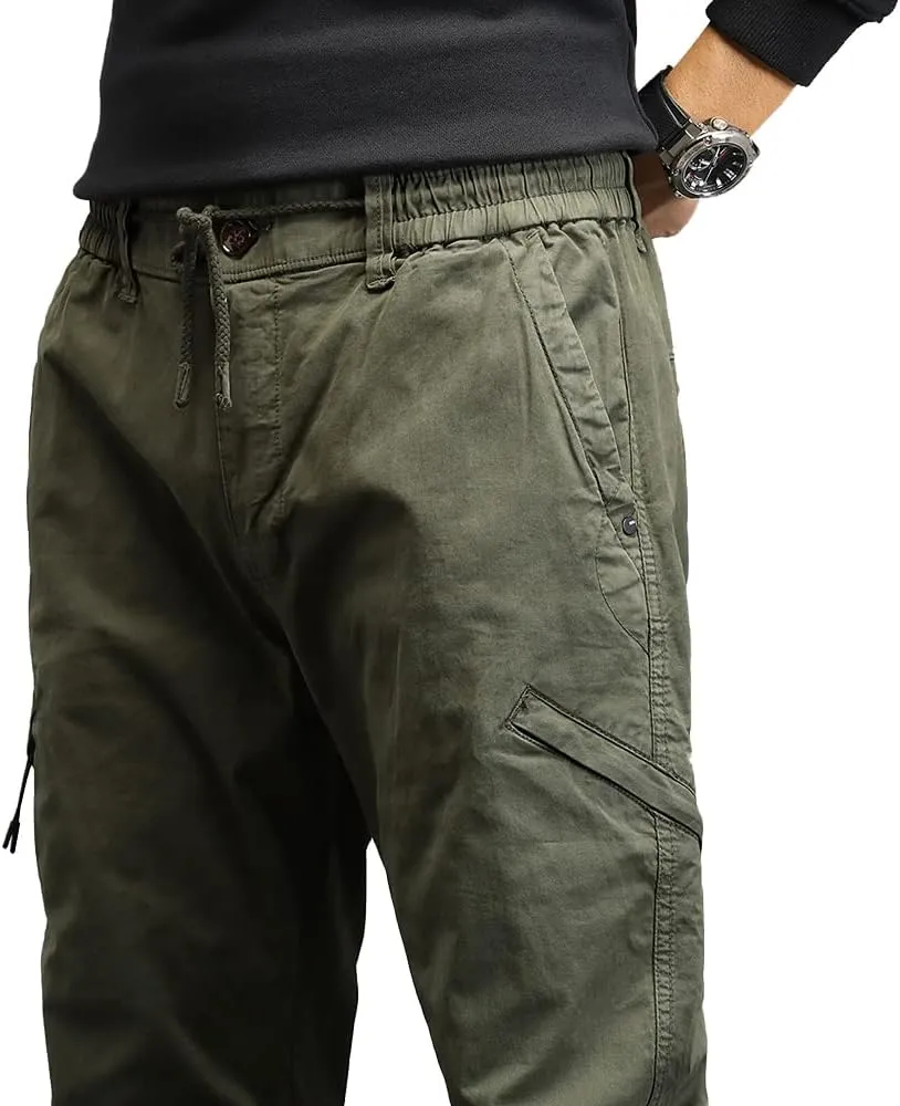 Men's Relaxed Fit Cargo Pants Outdoor Hiking Work Pants with Multi Pockets Drawstring Tactical Trousers