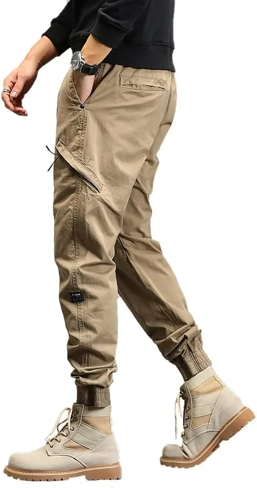 Men's Relaxed Fit Cargo Pants Outdoor Hiking Work Pants with Multi Pockets Drawstring Tactical Trousers